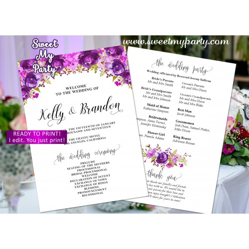 Lilac Wedding program fan,Purple Wedding itinerary,(33w)